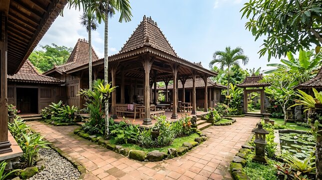 Traditional Javanese Wooden House with Joglo Architecture and Lush Tropical Garden Courtyard in Indonesia for Luxury Resort Vacation