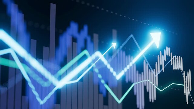 Charts and graphs display data related to stock market trends in a digital format. The visuals indicate growth with arrows pointing upward, showing positive movement in the market.