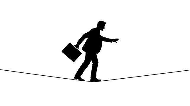 Silhouette businessman with briefcase walking on tightrope, isolated on transparent background 