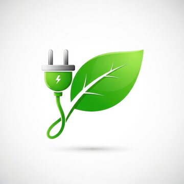 Green electrical plug connected to a vibrant leaf symbolizing sustainable energy and eco power