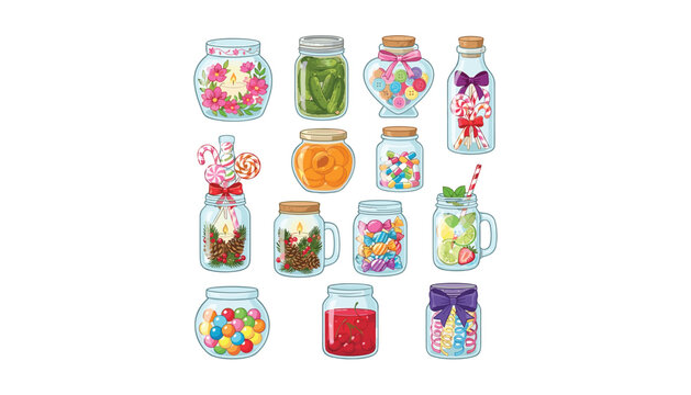 Cute glass mason jar vector icon set with candy pickles jam candles sweets buttons fruit and drink container elements
