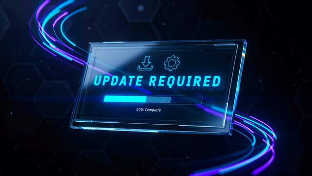 Futuristic update required notification displayed on a glowing digital interface background
