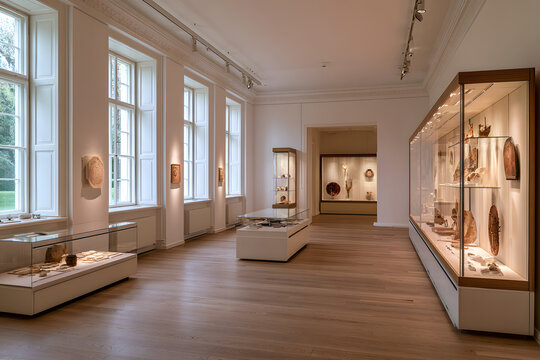 Empty museum gallery interior with displayed artifacts and natural light from large windows