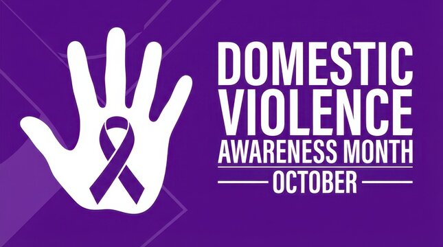 Domestic Violence Awareness Month graphic with hand and purple background for October