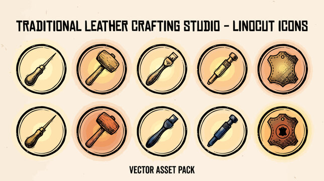 Ten circular icons of leatherworking tools and hides arranged in two rows against a textured beige background
