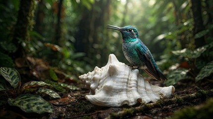 Fototapeta premium Hummingbird perched on a seashell in tropical rainforest