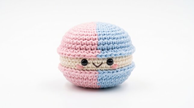 Cute handmade crochet macaron plushie toy with a happy face on a white background