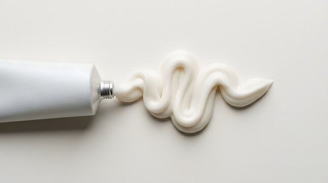 White cosmetic cream or toothpaste squeezed out of tube in smooth wavy line on white background