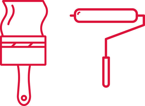 Crimson Paintbrush and Paint Roller Outline Icon Set Isolated on Transparent Background PNG Vector