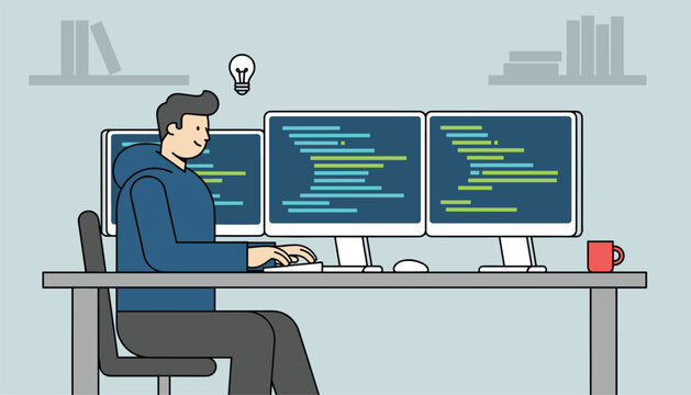 Software developer working on multiple monitors with code, getting a bright idea represented by a light bulb.