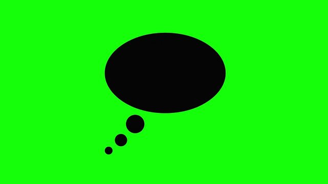 Black thinking speech bubble icon animation on green screen background, vector style thought cloud graphic symbol for video compositing and motion graphics, idea concept illustration