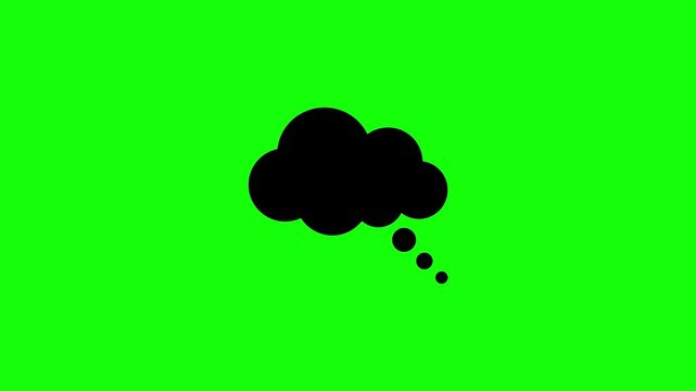 Black thought bubble icon on green screen background, animated speech symbol for video editing, silhouette concept graphic, chroma key keyframe asset, illustration
