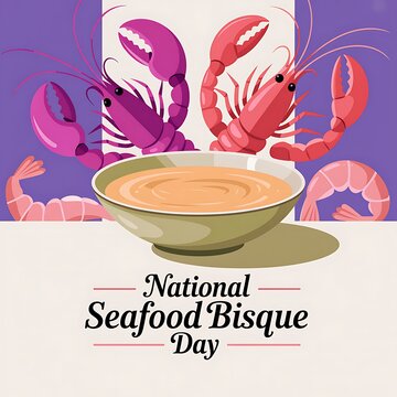 National seafood bisque day celebration with a bowl of soup and lobsters on a decorative background