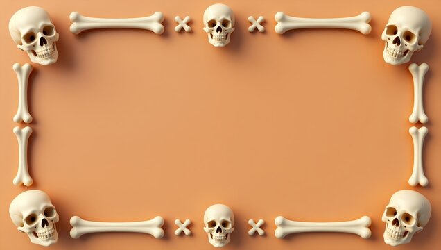 Halloween skull and bone frame on orange background, spooky skeleton border for holiday invitations, creepy anatomical skull layout