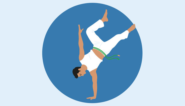 Athletic male capoeira fighter performing a handstand inside a blue circular frame over a soft light blue background.