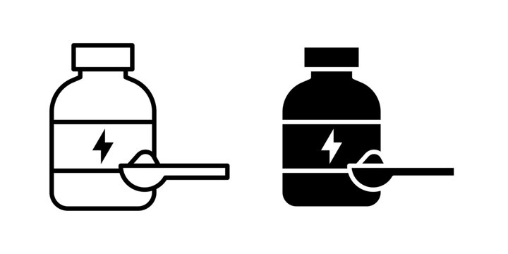 A clean supplement powder icon in stroke, filled, and colored vector styles, representing dietary supplements, protein powder, nutrition, fitness, sports health, and wellness products.