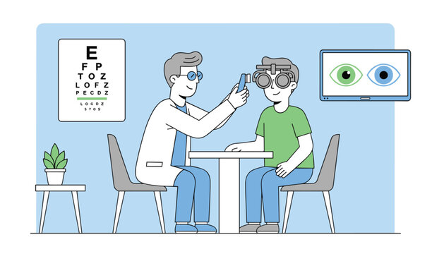 Experienced ophthalmologist checking a smiling male patient's eyesight using a phoropter in a bright optical clinic.