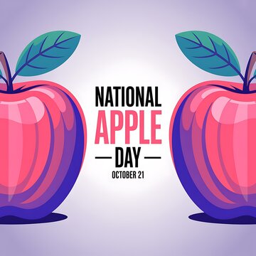 National apple day poster design with two vibrant red apples on a light purple background