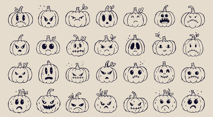 Fototapeta premium Hand drawn pumpkin expressions and spooky face vector set