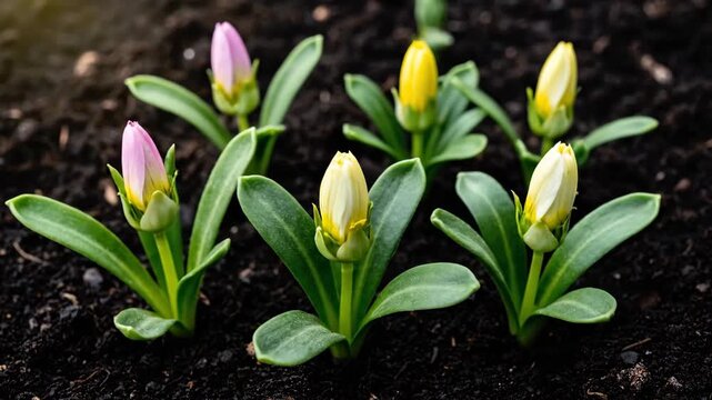 Green seedlings sprouting in the soil, seed growth and flowering process