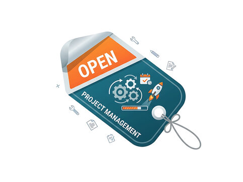 Project management open tag illustration with gears and rocket launch icon business strategy task management time management business process project success