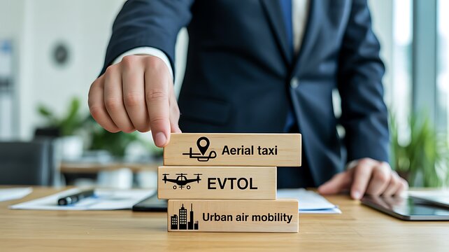 Electric VTOL Air Taxi and Urban Air Mobility Concept with Businessman Arranging Transportation Blocks