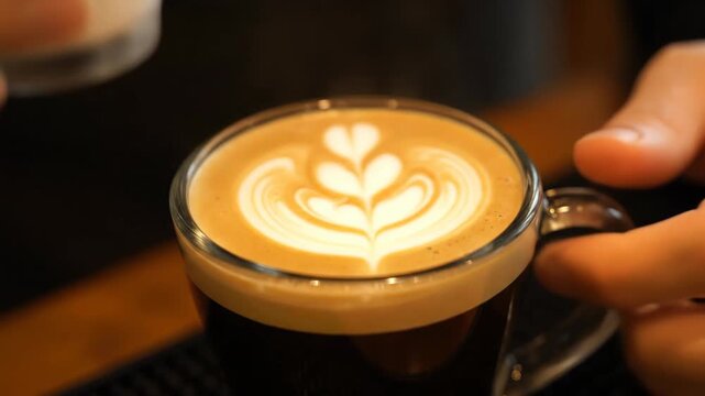 Making coffee latte art by hand-pouring milk, the process of making coffee latte art