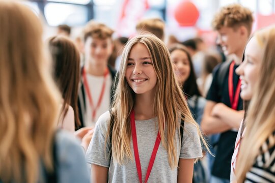 Smiling teenage interns and students wearing lanyards connect at a business fair, gaining work experience, confidence, and social skills.