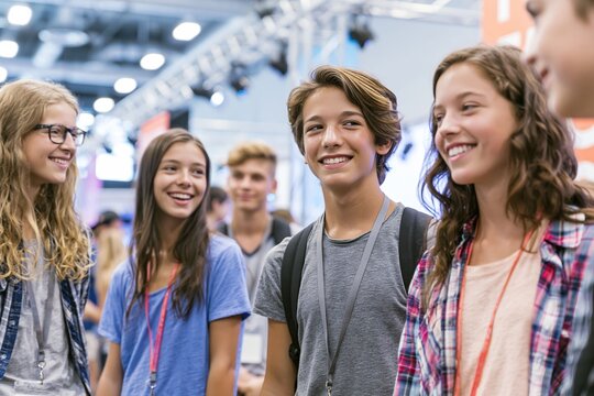 Smiling teenage interns and students wearing lanyards connect at a business fair, gaining work experience, confidence, and social skills.