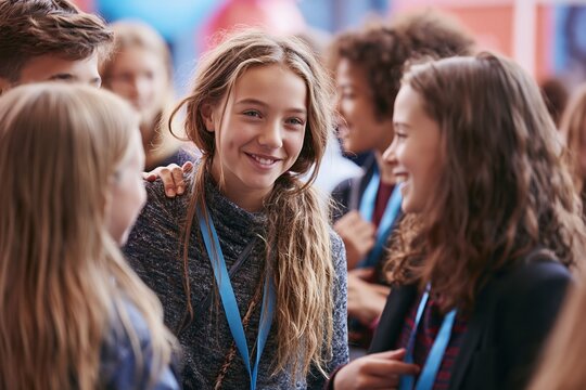 Smiling teenage interns and students wearing lanyards connect at a business fair, gaining work experience, confidence, and social skills.