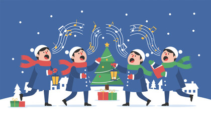 Fototapeta premium Group of happy children singing Christmas carols together around a decorated tree in a snowy winter village.