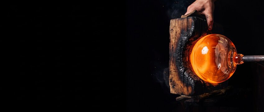 Professional glassblower holding burning hot glass sphere inside rustic charred wooden mold block.