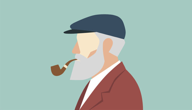 Side profile illustration of an old bearded sea captain wearing a flat cap and smoking a wooden pipe.
