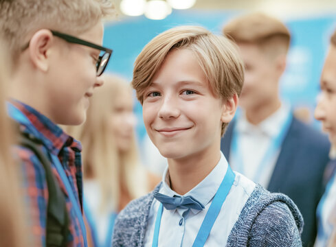 Smiling teenage interns and students wearing lanyards connect at a business fair, gaining work experience, confidence, and social skills.