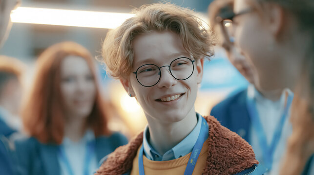 Smiling teenage interns and students wearing lanyards connect at a business fair, gaining work experience, confidence, and social skills.