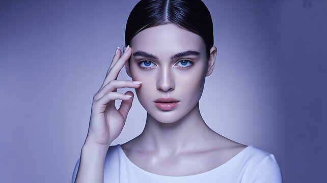 Elegant futuristic female beauty portrait with flawless skin, cool blue lighting and minimalist fashion aesthetic