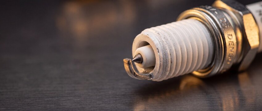 Engine spark plug with white ceramic insulator and steel threads rests on dark metallic surface.