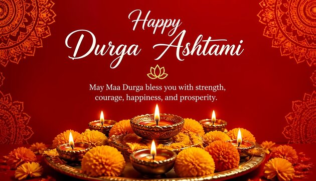 Happy Durga Ashtami Wishes with Diya and Marigold Decoration. 