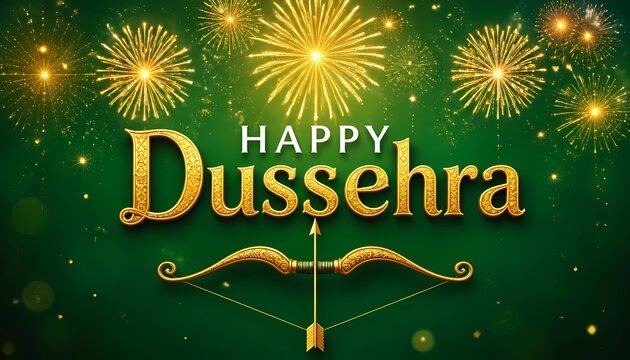 Happy Dussehra Celebration Banner with Golden Bow Arrow and Fireworks. 