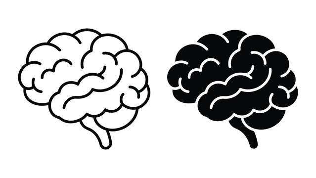 Stylized human brain icon set featuring solid black silhouette and outlined contour variation with detailed folds, minimalist medical and psychology design isolated on white background