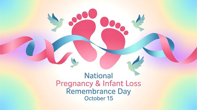 National pregnancy and infant loss remembrance day, october 15, with baby footprints, doves, and awareness ribbons