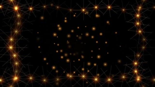 Golden starry frame overlay with floating bokeh particles on black background, stars border