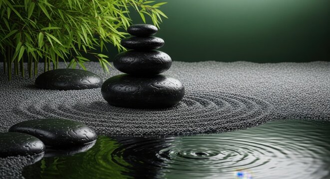 Zen garden stones photo with water ripples and bamboo plants
