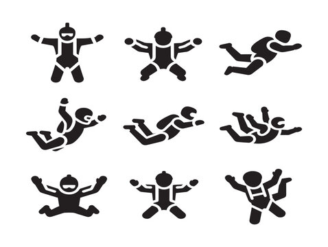 Skydiving and parachuting solid black silhouette icon set for extreme sports design.