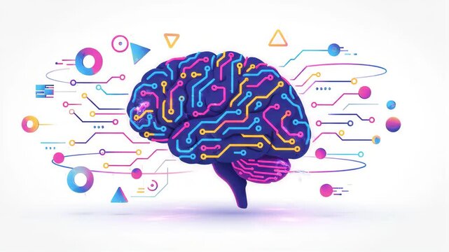 glowing human brain made of digital circuit board patterns sits centrally against a white background surrounded by abstract floating geometric shapes and colorful data lines connecting in space