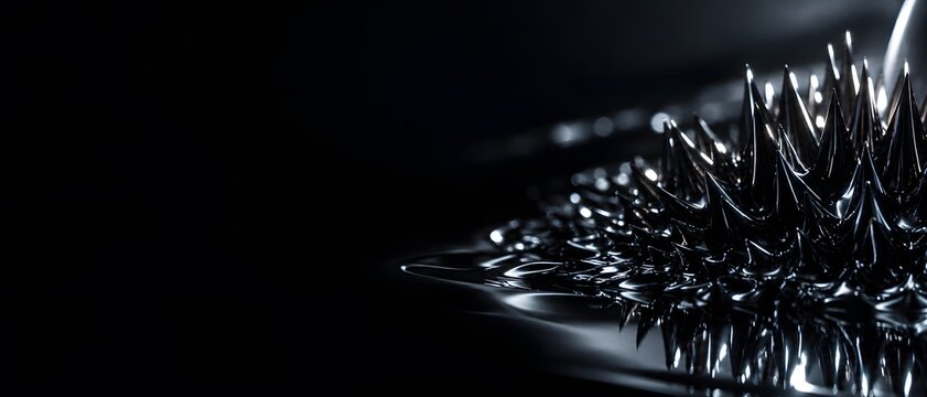 Macro close up of metallic ferrofluid dark magnetic liquid forming perfect sharp spikes under electromagnetic field, premium nanotechnology and cybernetic material banner with wide black copy space