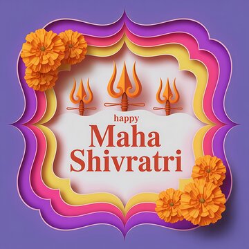 Happy maha shivratri greeting card with paper cut style, orange marigold flowers and lord shiva trishul symbols