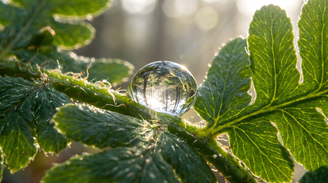 Extreme macro photography of a sparkling dew drop resting on a vibrant green fern leaf