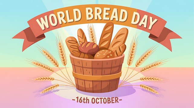 World bread day celebration poster with a basket full of various bread loaves and wheat stalks on october 16th