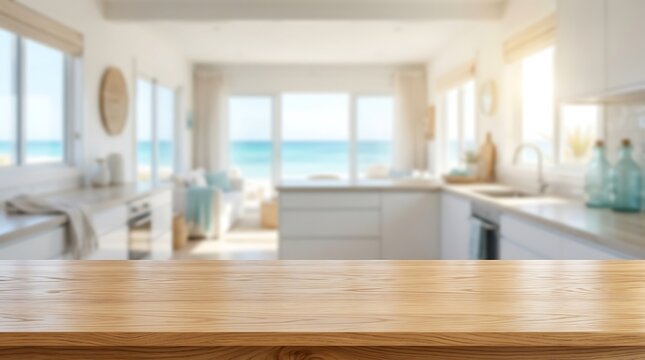 Empty wooden table top mockup with blurred beach house kitchen and ocean view background for product presentations.